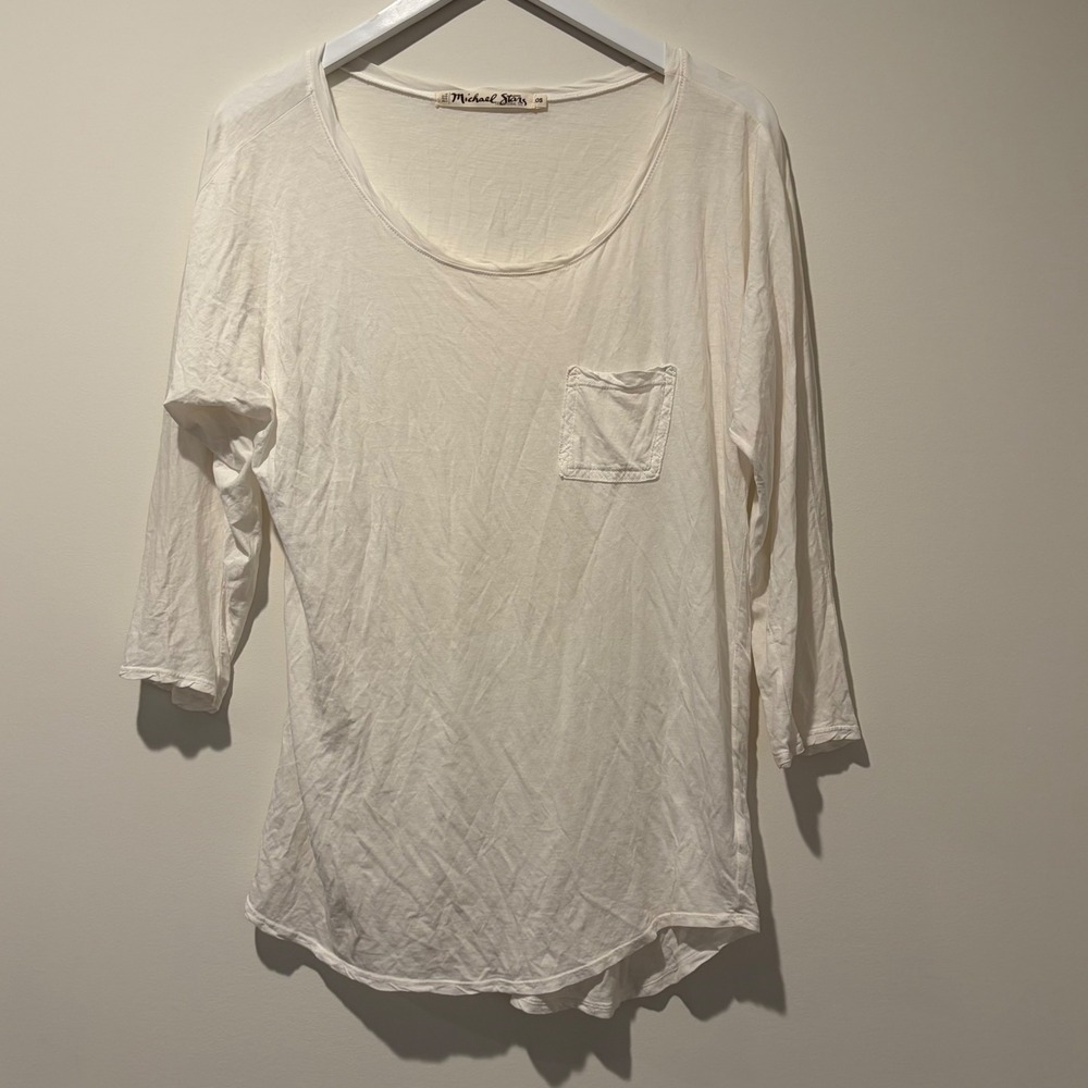 Michael Stars White Cotton Scoop Neck Long Sleeve Pocket Tee Shirt 6020 OS